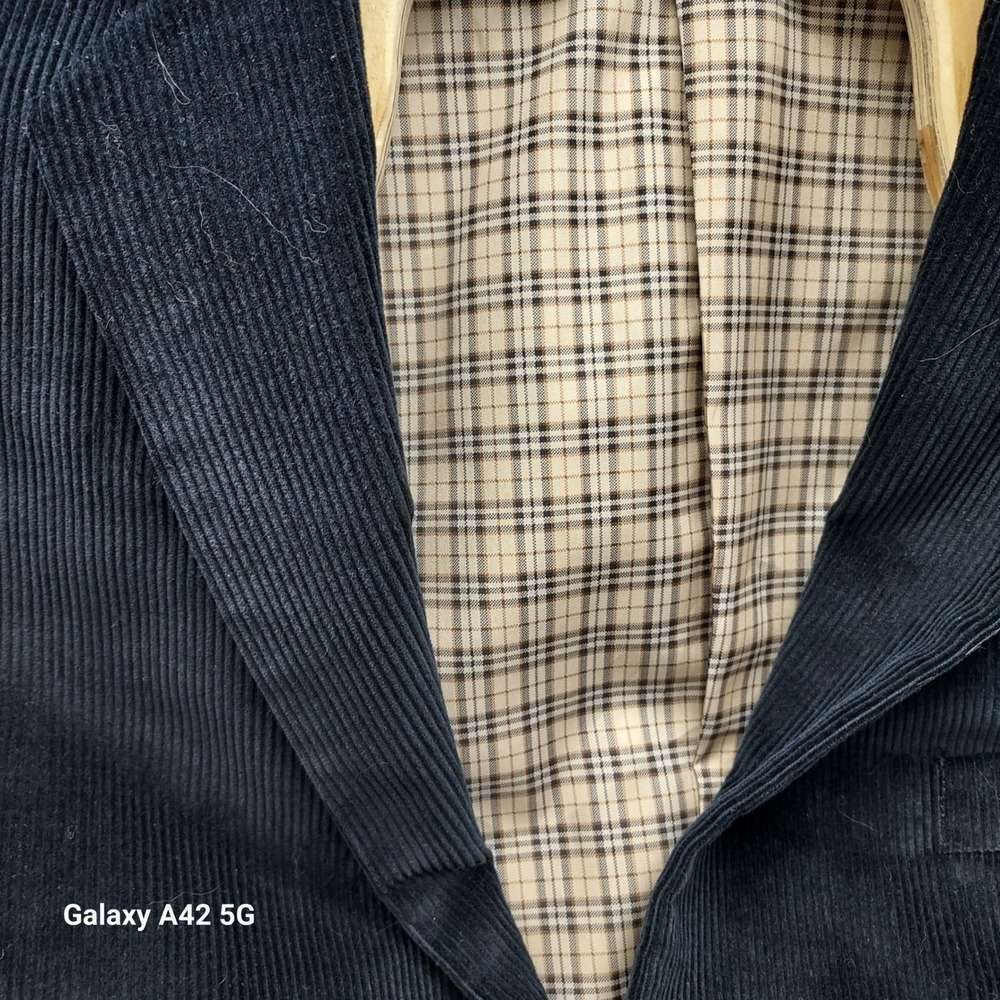 Saddlebred Mens Navy Blue Corduroy Blazer Sport Coat 44S Plaid Lining 2-Button - Picture 2 of 7